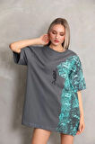 Livizmir Moda Unisex Bisiklet Yaka Baskılı Oversize T-Shirt - Gri