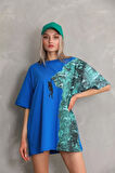 Livizmir Moda Unisex Bisiklet Yaka Baskılı Oversize T-Shirt - Mavi