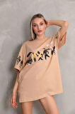 Livizmir Moda Unisex Bisiklet Yaka Baskılı Oversize T-Shirt - Bej