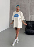 Livizmir Moda Unisex Bisiklet Yaka Baskılı Oversize T-Shirt - Beyaz