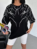 Livizmir Moda Unisex Bisiklet Yaka Baskılı Oversize T-Shirt - Siyah