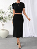 Livizmir Moda Kadın Kısa Kollu Bisiklet Yaka Crop Yırtmaçlı Fitilli Kaşkorse Midi Etek Ikili Takım