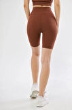 Livizmir Moda Yüksek Bel Fitilli Biker Baskılı Şort - Kahve