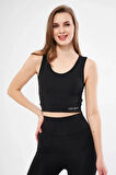 Livizmir Moda Kolsuz Dalgiç Baskılı Crop - Siyah