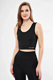 Livizmir Moda Kolsuz Dalgiç Baskılı Crop - Siyah
