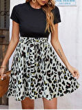 Livizmir Moda Kadın üst Kısa Kollu Viskon, Alt Leopar Desen Kuşaklı Krep Etek Takım