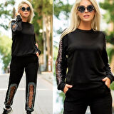 Livizmir Moda Kadın Uzun Kollu Bisiklet Yaka Kol Ve Bacak Tül Ve Inci Detay Iki Iplik Ikili Takım