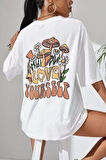 Livizmir Moda Unisex Baskılı Oversize T-Shirt - Beyaz