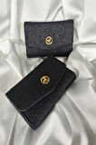 Simli Siyah Kadın Cüzdanı Çıtçıtlı Kapaklı, Bozuk Para Gözlü, Kartlık Bölmeli