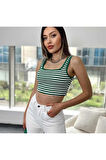 Kadın Çizgili Askılı Fitilli Crop Örme Bluz
