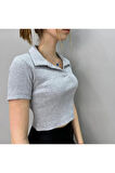 Kadın  Polo Yaka Fitilli Yumuşak Dokulu Crop Bluz