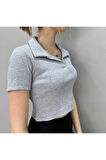 Kadın  Polo Yaka Fitilli Yumuşak Dokulu Crop Bluz