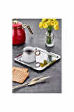 2 Adet Lüx Kare Paslanmaz Çelik Gümüş Renk 21x21cm Kahve Servis Sunum Tepsisi & tabağı