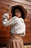 Vintage Krem-Kahve Çiçekli Bebe Yaka Dantelli Poplin Bluz