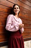 Vintage Pembe-Bordo Çiçekli Bebe Yaka Dantelli Poplin Bluz