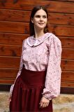 Vintage Pembe-Bordo Çiçekli Bebe Yaka Dantelli Poplin Bluz