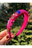 Tasarım El Yapımı El İşlemeli Saten Pembe Nakış işleme Abiye Kına Nişan Saç Aksesuarı Taç