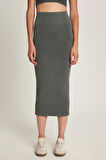 Kadın Slim Fit Pamuklu Düz Uzun Antrasit Etek