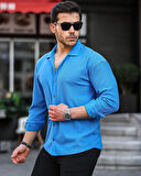 ERKEK UZUN KOLLU FİTİLLİ OTTOMAN DOKULU GÖMLEK MAVİ