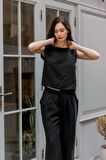 Barbora Keten Günlük Rahat  Kolsuz  Alt Üst Kadın Takım LN08siyahd1