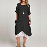 Barbora Keten Yazlık Günlük Tasarım Kadın Elbise bt263siyah9