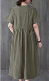 Barbora Keten Günlük Rahat V Yaka Beli Büzgü Detaylı Düğmeli Elbise LN04haki8