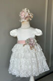Özel Tasarım Kız Çocuk Abiye Elbise, Kat Kat Etekli, Çiçek Detaylı, Dantel Detaylı, Saç Aksesuarlı_M2459
