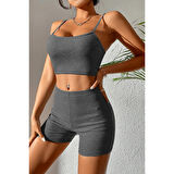 Kadın Antrasit Gri Şortlu Kaşkorse Gecelik Takım