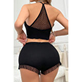 Kadın Siyah Kaşkorse Sırt Ve Bacak Kısmı Puantiyeli Şortlu Gecelik Takım