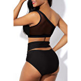 Kadın Siyah Yüksel Bel Tül Detaylı Sütyen Külot Takımı
