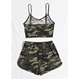 Kadın Kamuflaj Desenli Askılı Crop Top Ve Şortlu Gecelik Takım