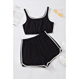 Kadın Siyah Askılı Crop Top Ve Şortlu Gecelik Takım