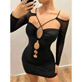 Siyah Göğüs Dekolteli İp Detaylı Mini Club Elbisesi
