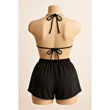 MARSiLYAN- Kadın Siyah Şortlu Belden ve Boyundan Bağlamalı Bikini Takımı