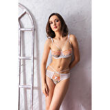 Çiçekli Transparan Straplez Sütyen  Ve String Takım Ekru (mgp32052)