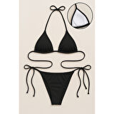 Kadın Siyah Yandan Ve Boyundan Bağlamalı Bikini Mayo Takımı