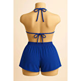 MARSiLYAN- Kadın Mavi Şortlu Belden ve Boyundan Bağlamalı Bikini Takımı