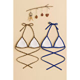 MARSiLYAN- Kadın Leopar Desenli ve Mavi Minimal Kesim Üçgen Bikini Üstü