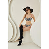 Siyah Beyaz Desenli Kırmızı İp Askılı Lotus Bikini Takımı