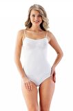 Kadın Beyaz Seamless İp Askılı Çıtçıtlı Ripli Bady 1923B