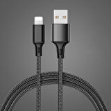 2 Metre iPhone Lightning 2.4A Naylon Örgü  Siyah Renkli Hızlı Şarj ve Data Kablosu