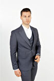 Slim Fit Lacivert Takım Elbise Çizgi Desenli