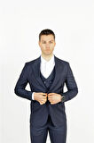Slim Fit Lacivert Takım Elbise Çizgi Desenli