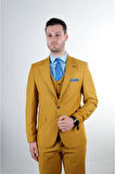 Slim Fit Sarı Takım Elbise Düz Desenli