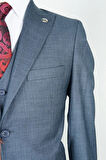 Slim Fit Lacivert Yelekli Takım Elbise Kendinden Desenli