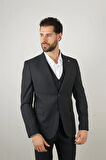 Slim Fit Siyah Yelekli Takım Elbise Çizgili Desenli