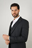 Slim Fit Siyah Yelekli Takım Elbise Çizgili Desenli