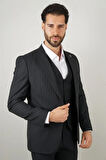 Slim Fit Siyah Yelekli Takım Elbise Çizgili Desenli