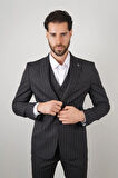 Slim Fit Siyah Yelekli Takım Elbise Çizgili Desenli