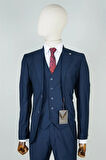 Slim Fit Lacivert Yelekli Takım Elbise Düz Desenli